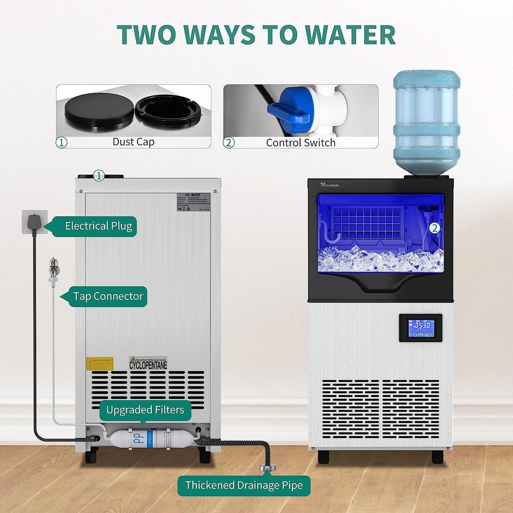 Commercial Ice Maker Machine 100lbs/24h with 33lbs Storage Bin, Stainless Steel Ice Scoop, Blue Light, Freestanding Ice Machine Water Bottle X1625