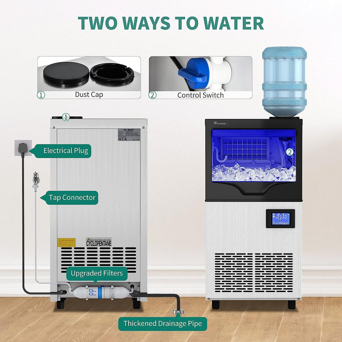 Commercial Ice Maker Machine 100lbs/24h with 33lbs Storage Bin, Stainless Steel Ice Scoop, Blue Light, Freestanding Ice Machine Water Bottle X1625