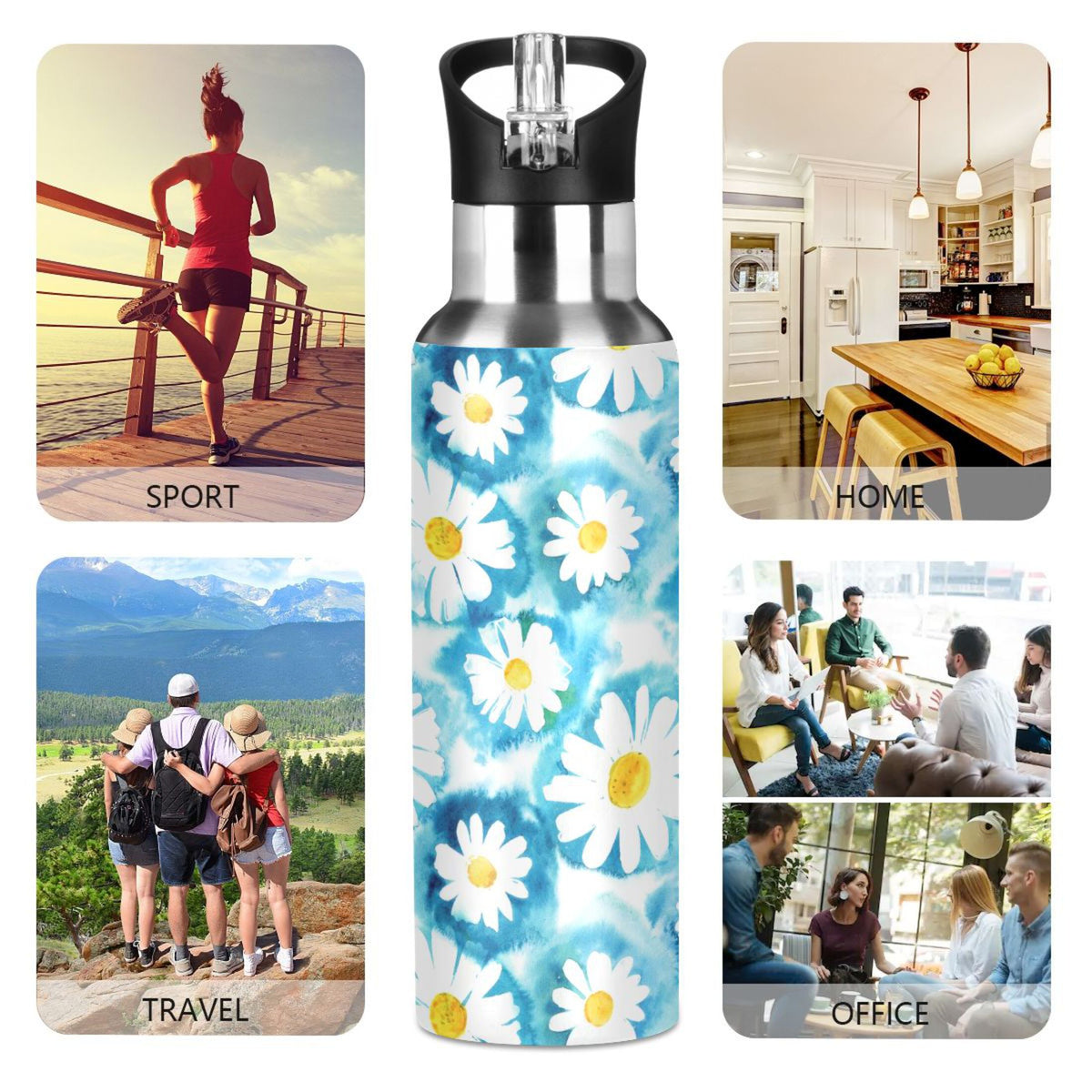 Blue Stainless Steel Insulated Water Bottle with Straw Lid I5907
