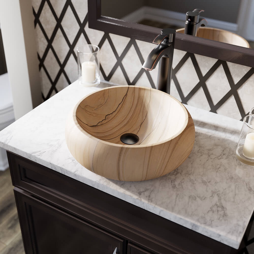 Sandstone Vessel Sink Ensemble with Antique Bronze Finish Faucet, Pop-Up Drain, and Sink Ring B286143