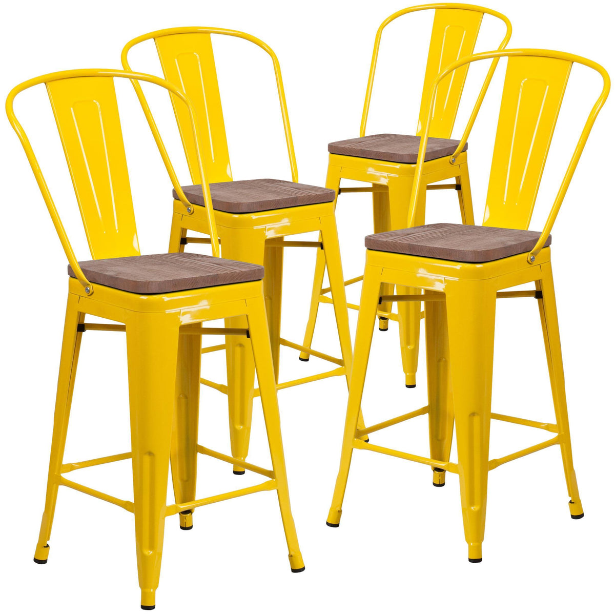 4 Pk Metal Counter Height Stool with Back and Wood Seat, Black-Antique Gold I580859