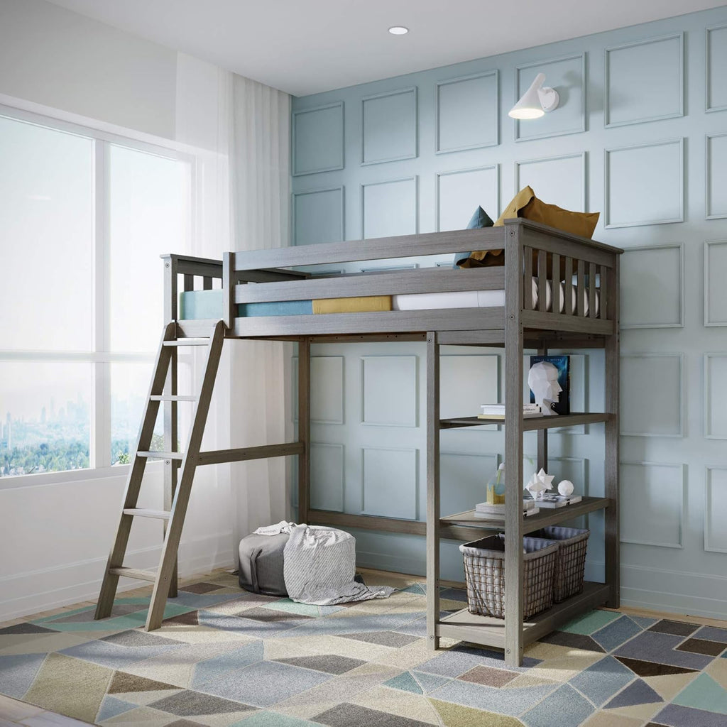 White Twin High Loft Bed with Bookcase J317