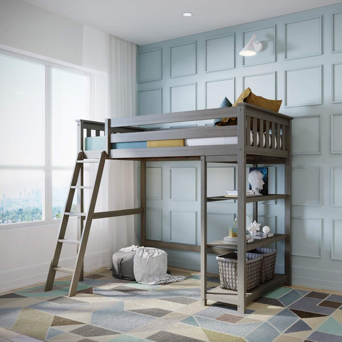 White Twin High Loft Bed with Bookcase J317