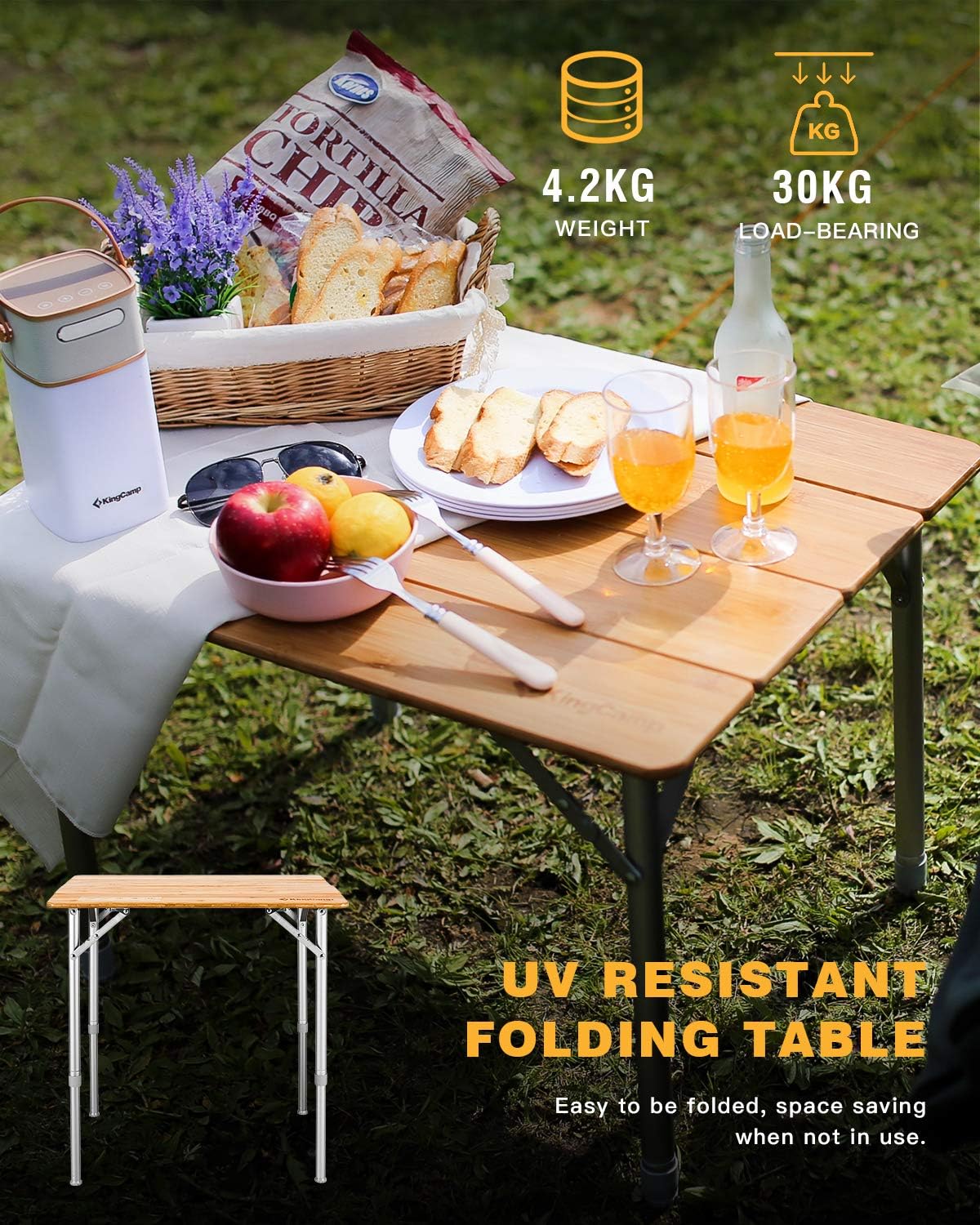 Bamboo Portable Folding Camping Table with Carry Bag N872539