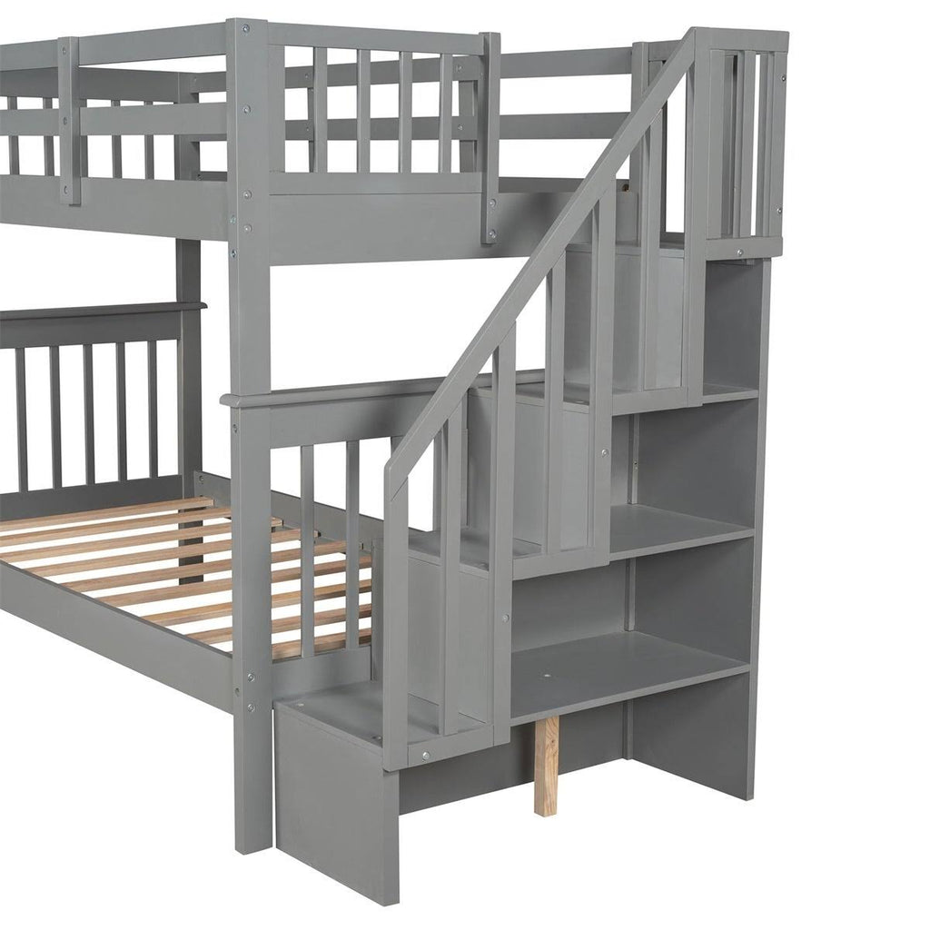 Twin-Over-Twin Bunk Bed with Stairway, Storage and Guard Rail - Grey X54911