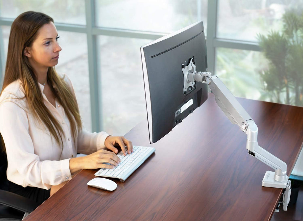 Single Monitor Arm Mount Desk Stand Full Motion Height Adjustable Articulating Mechanical Spring Arm Fits 24 27 29 30 32 Inch VESA Compatible Computer Screen C-Clamp and Grommet Base D87287