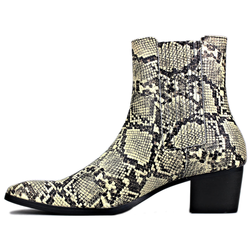Beige Chelsea Snake Prints Leather Slip-On Dress Boots X262