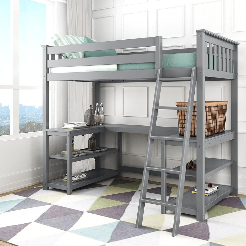 White Twin High Loft Bed with Bookcase J317