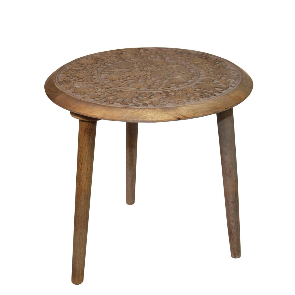Brown Wooden Accent Table with Floral Engraving J71688