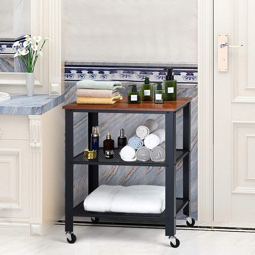 3-Tier Rolling Utility Cart with Metal Frame Wooden Table and Two Grid Storage Shelves G56433