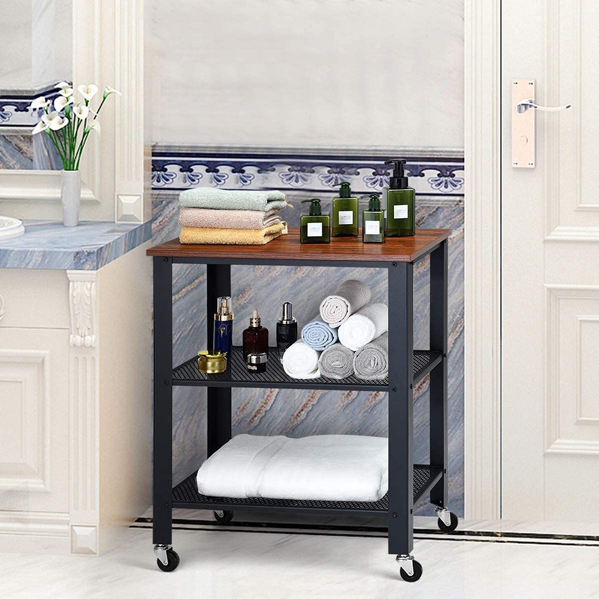 3-Tier Rolling Utility Cart with Metal Frame Wooden Table and Two Grid Storage Shelves G56433