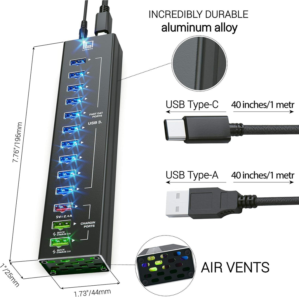13 Multi-Port USB Hub with 10 USB 3.0 Ports, 2 IQ Quick Charge 3.0 Ports, Unibody Aluminum USB Hub, Pack of 2 X4616