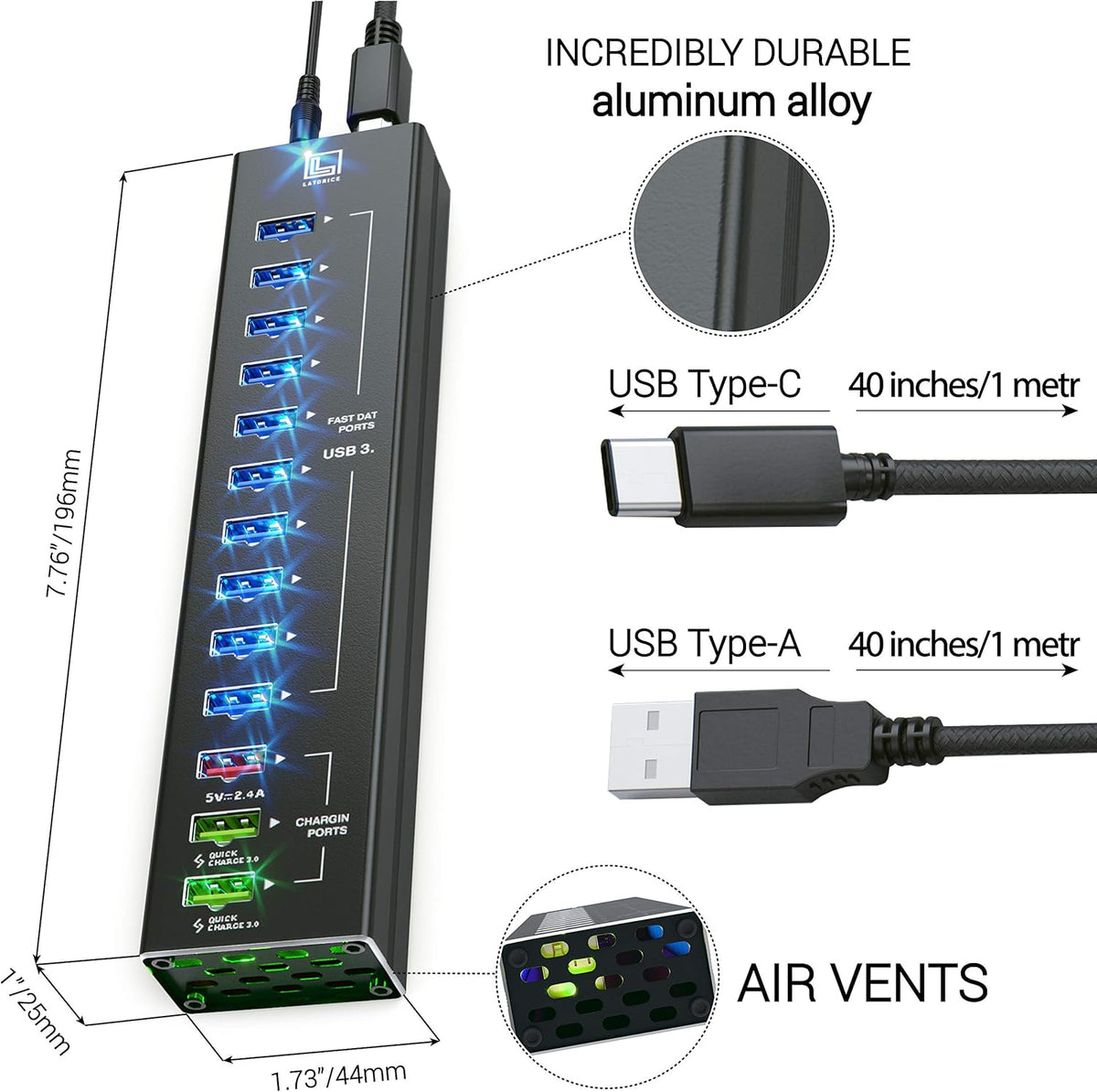 13 Multi-Port USB Hub with 10 USB 3.0 Ports, 2 IQ Quick Charge 3.0 Ports, Unibody Aluminum USB Hub, Pack of 2 X4616