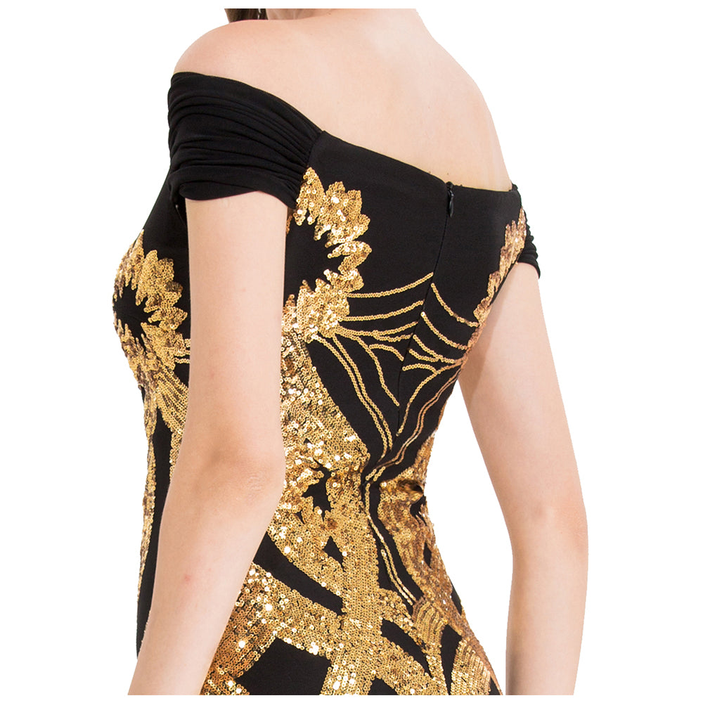 Gold Floral Pattern Sequins Sheath Long Evening Dress U76174