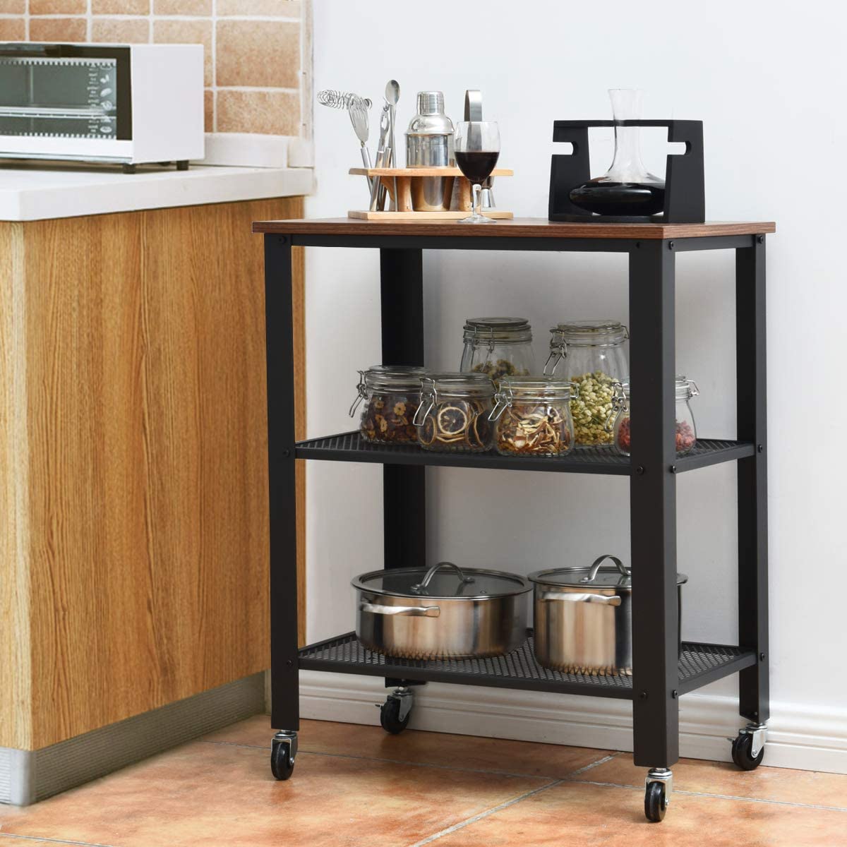 3-Tier Rolling Utility Cart with Metal Frame Wooden Table and Two Grid Storage Shelves G56433