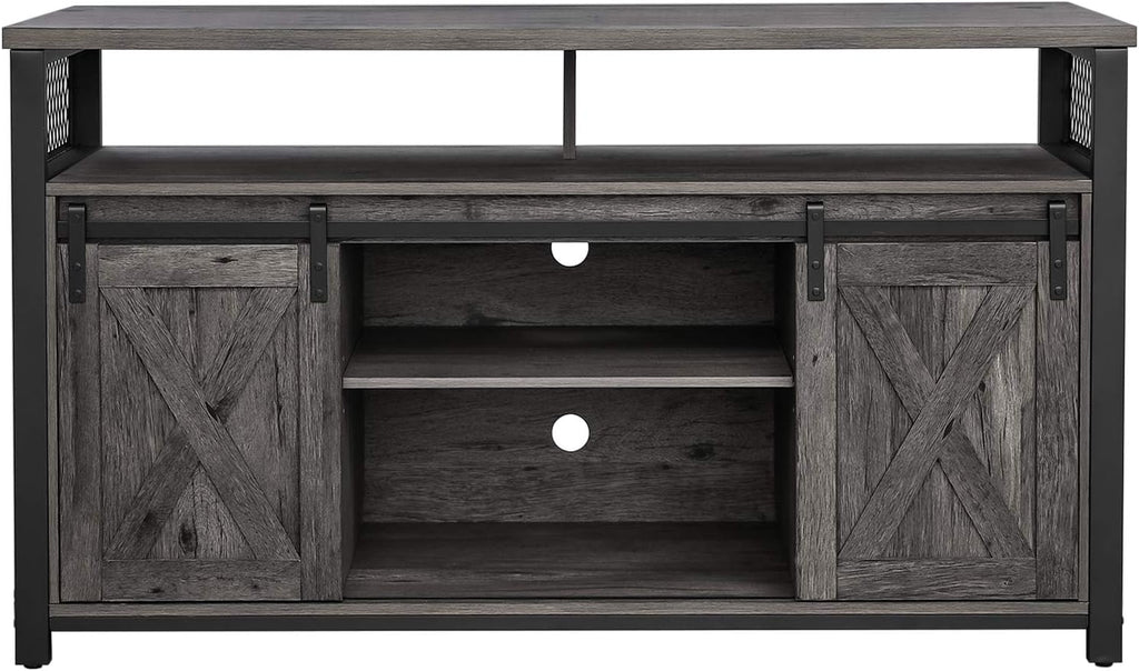Rustic Brown and Black TV Cabinet with Sliding Barn Doors and Adjustable Storage Shelves L68397