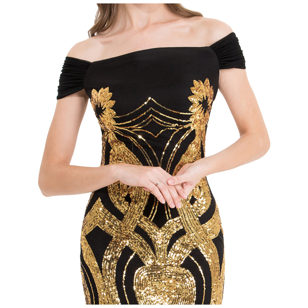 Gold Floral Pattern Sequins Sheath Long Evening Dress U76174