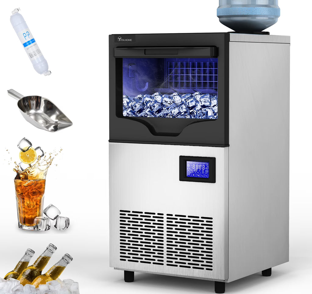 Commercial Ice Maker Machine 100lbs/24h with 33lbs Storage Bin, Stainless Steel Ice Scoop, Blue Light, Freestanding Ice Machine Water Bottle X1625