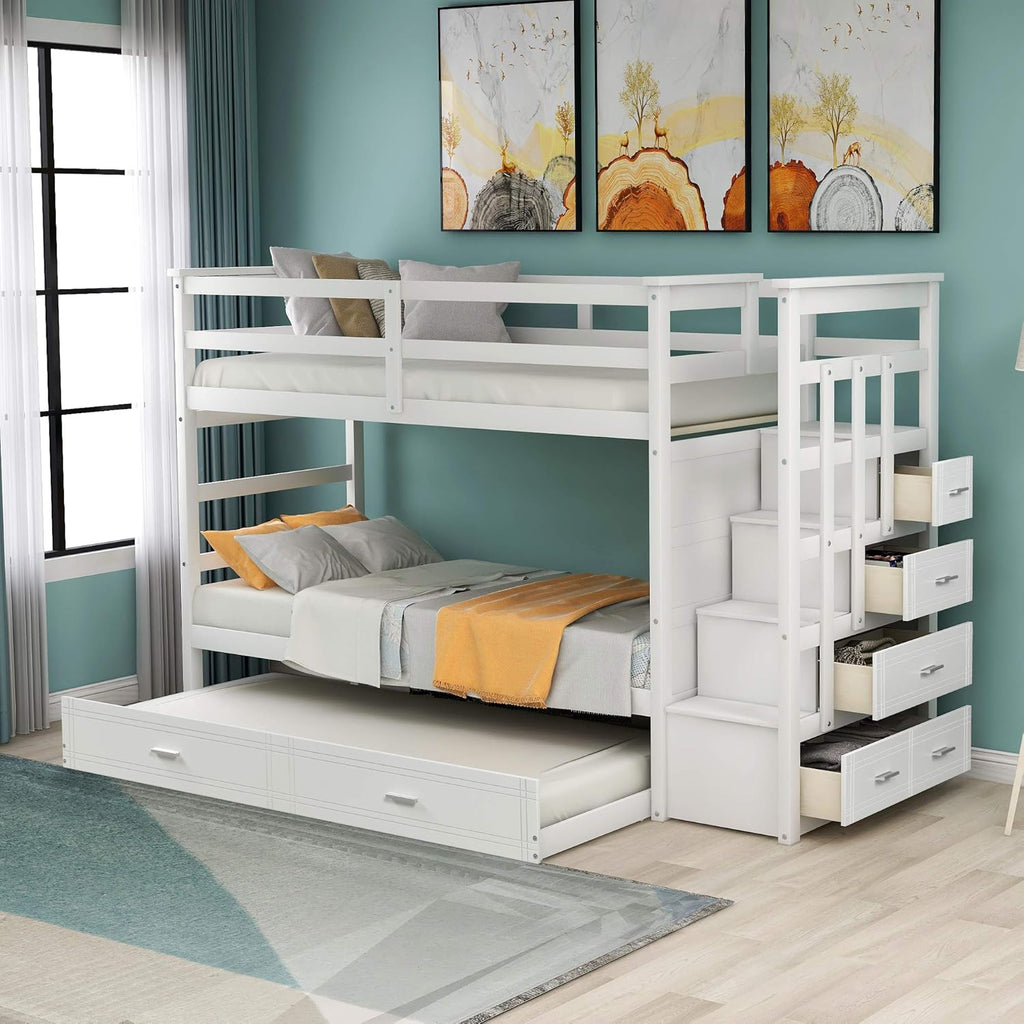 Twin-Over-Twin Wood Bunk Bed with Trundle, 4 Storage Drawers and Staircase M1037