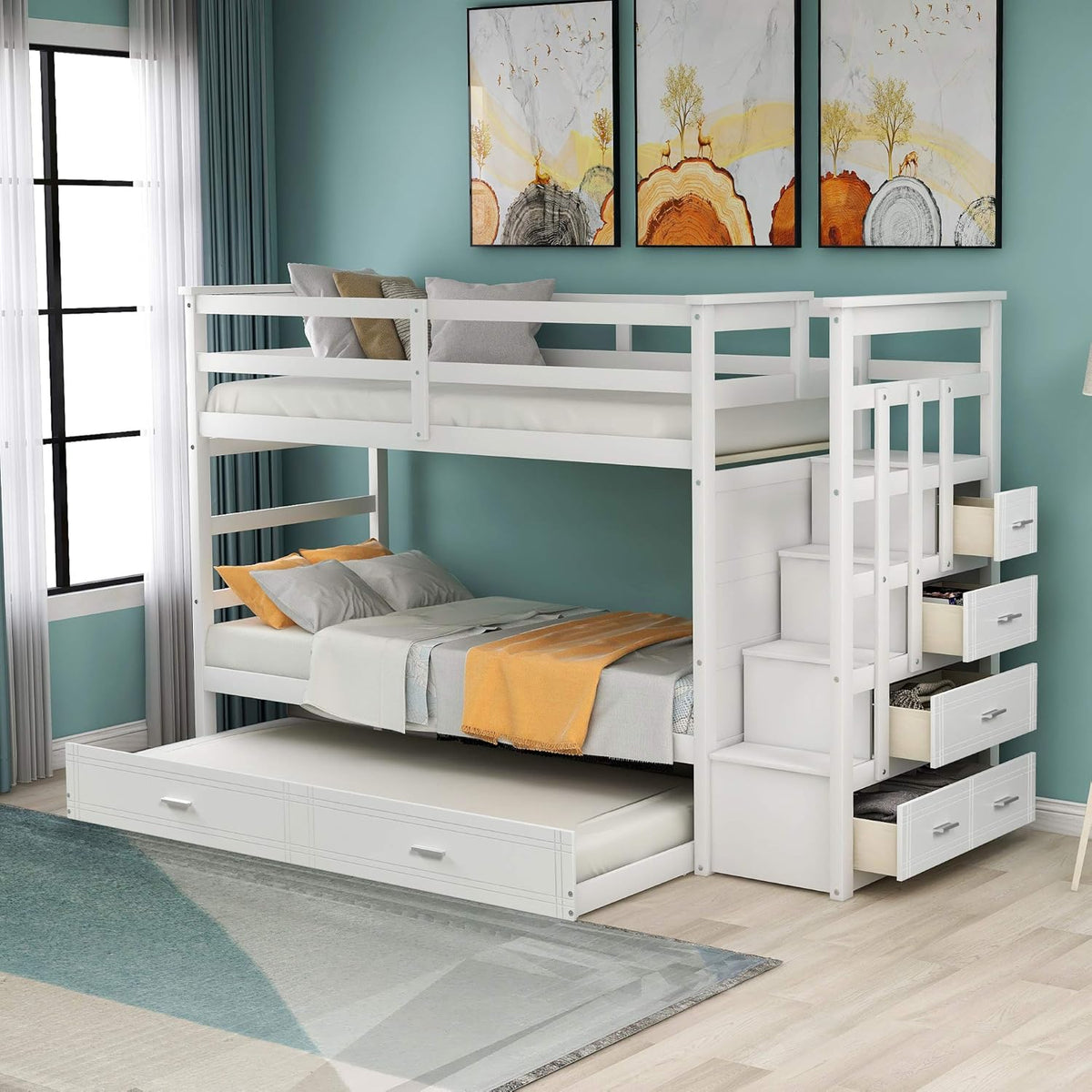 Twin-Over-Twin Wood Bunk Bed with Trundle, 4 Storage Drawers and Staircase M1037