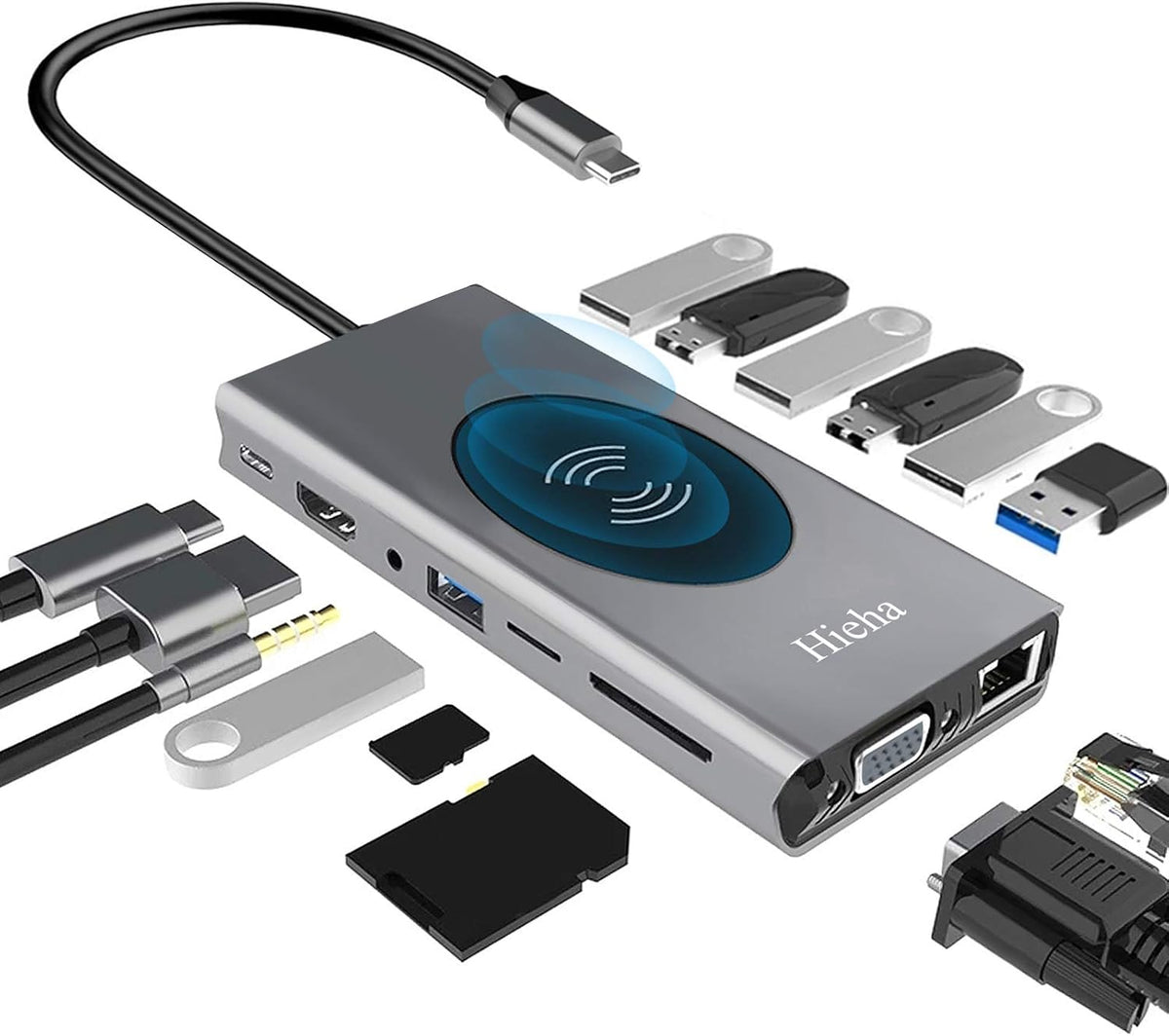 USB C Hub 15-in-1 Docking Station with 4K HDMI, Ethernet, Wireless Charger, 100W PD, SD/TF Card Reader P3015