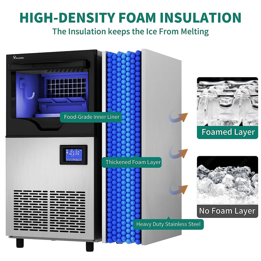 Commercial Ice Maker Machine 100lbs/24h with 33lbs Storage Bin, Stainless Steel Ice Scoop, Blue Light, Freestanding Ice Machine Water Bottle X1625