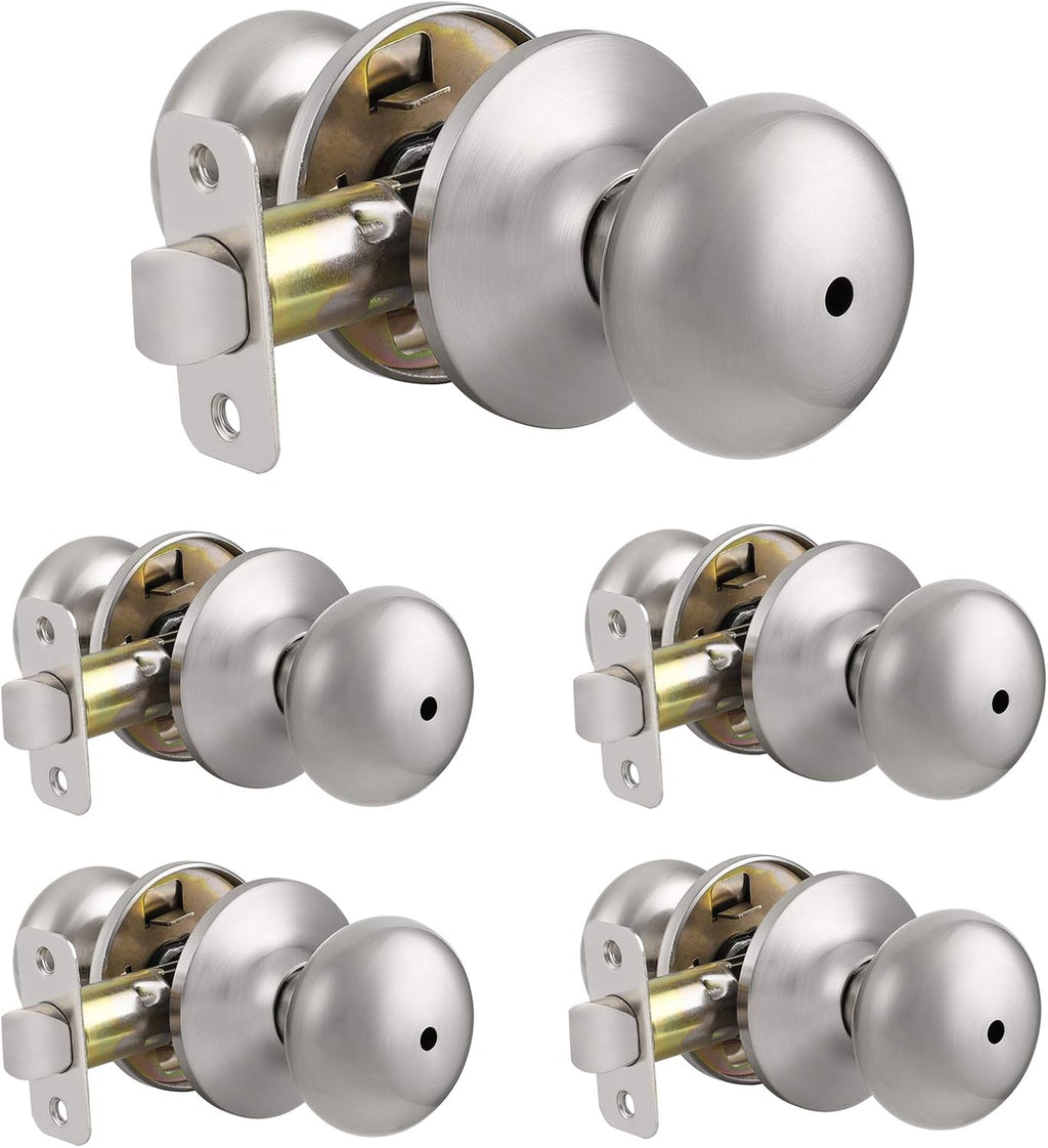 5 Pack Brushed Nickel Keyless Privacy Door Knobs H145