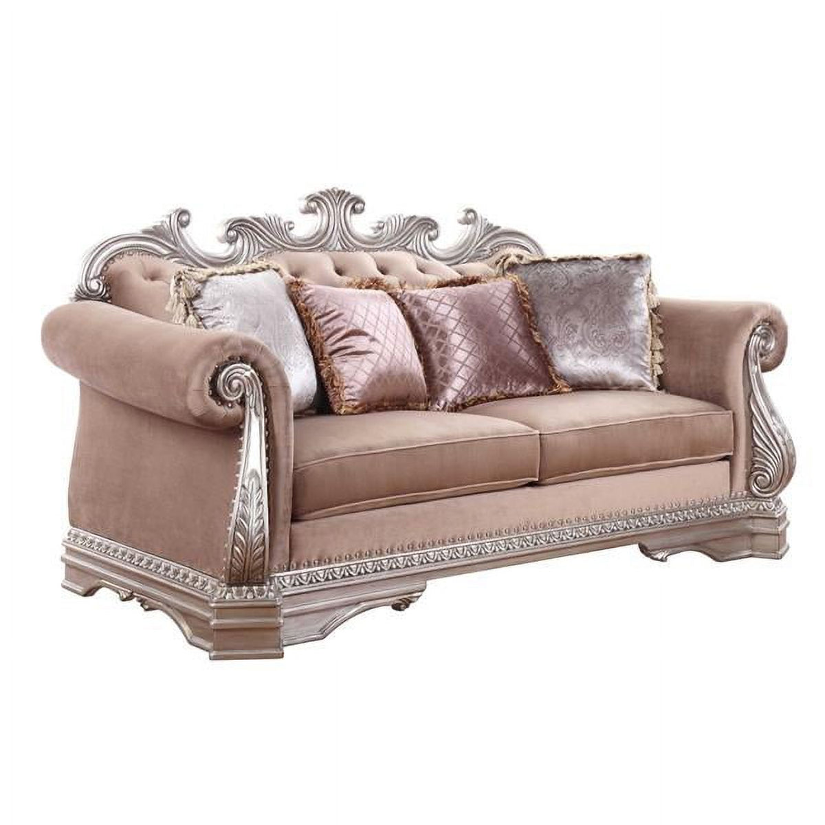 Velvet Champagne Upholstery Poly-Resin Loveseat with 4 Pillows B5993