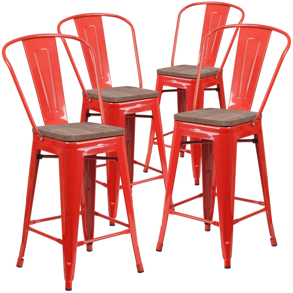 4 Pk Metal Counter Height Stool with Back and Wood Seat, Black-Antique Gold I580859