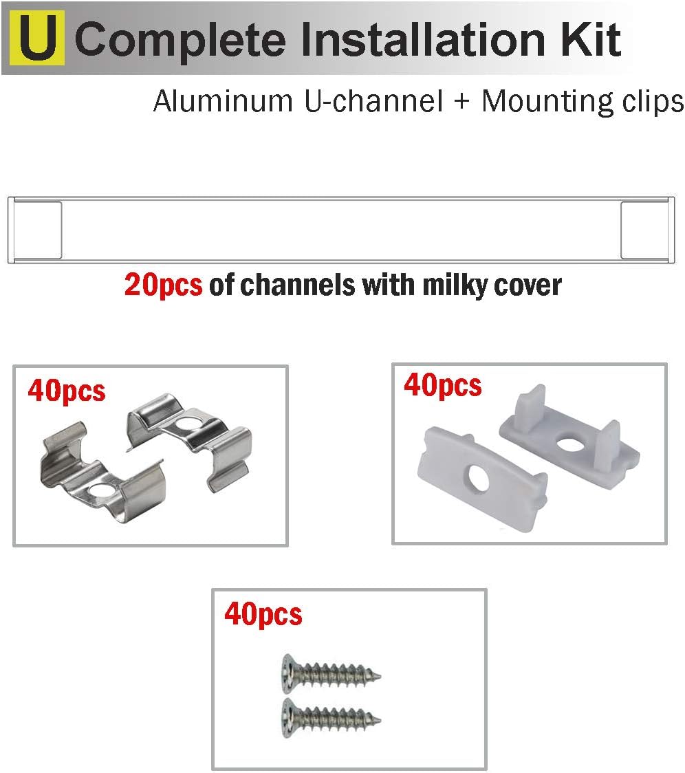 6x2m LED Strip Light Channel with Milky Cover Diffusers, End Caps and Mounting Clips B887190