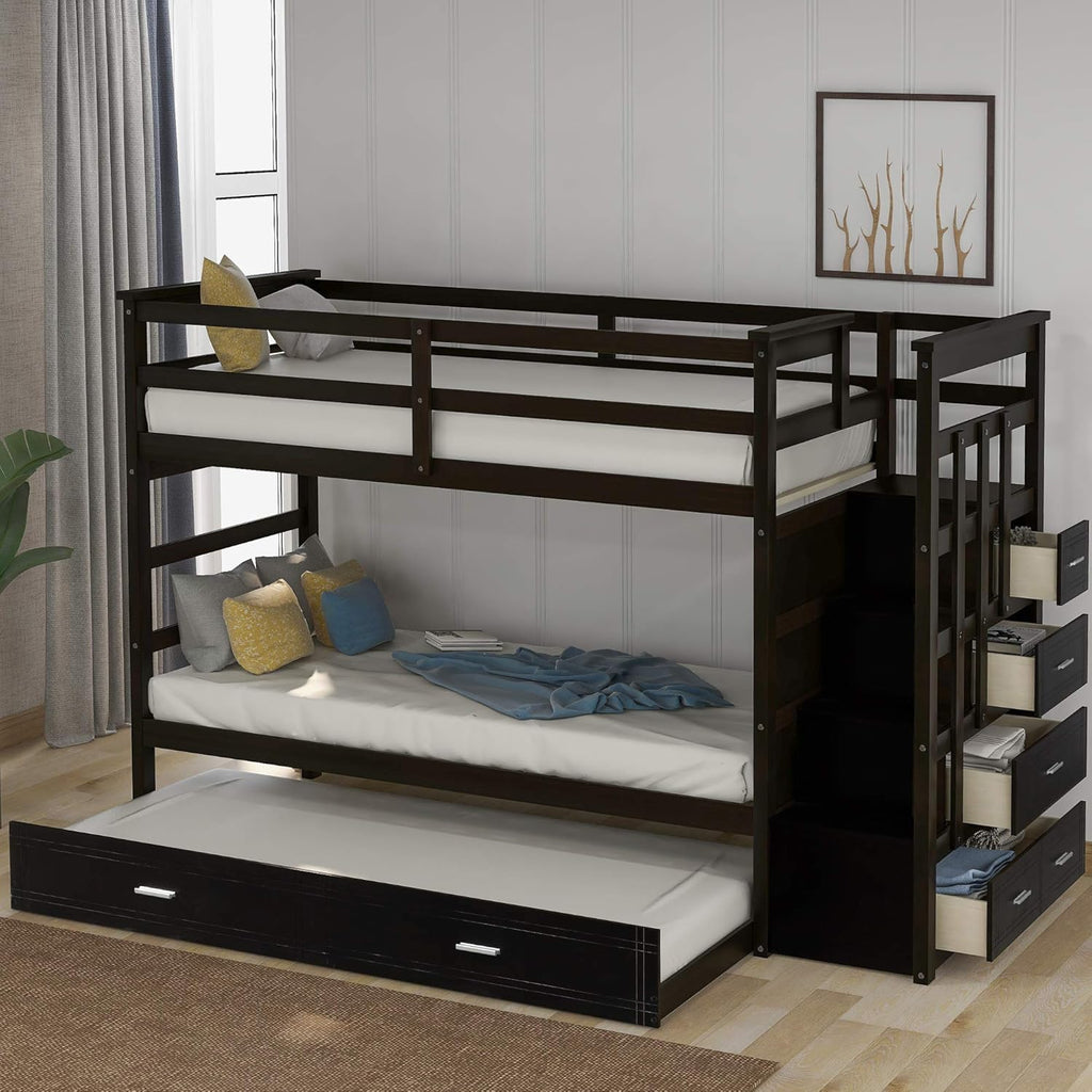 Twin-Over-Twin Wood Bunk Bed with Trundle, 4 Storage Drawers and Staircase M1037