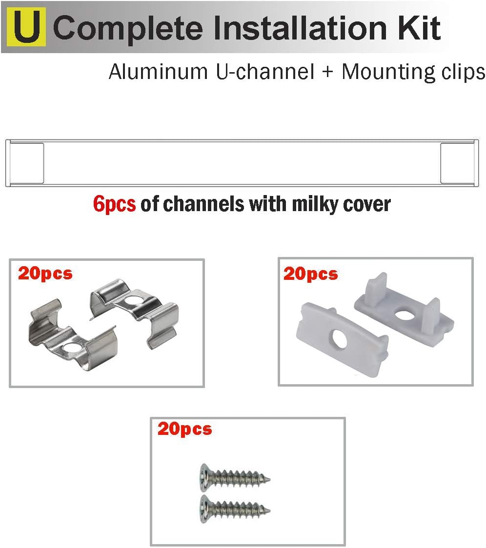 6x2m LED Strip Light Channel with Milky Cover Diffusers, End Caps and Mounting Clips B887190