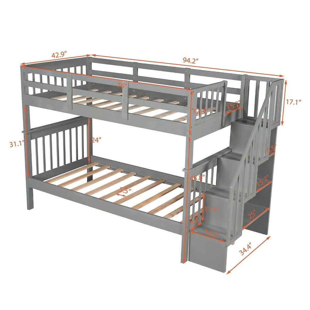 Twin-Over-Twin Bunk Bed with Stairway, Storage and Guard Rail - Grey X54911