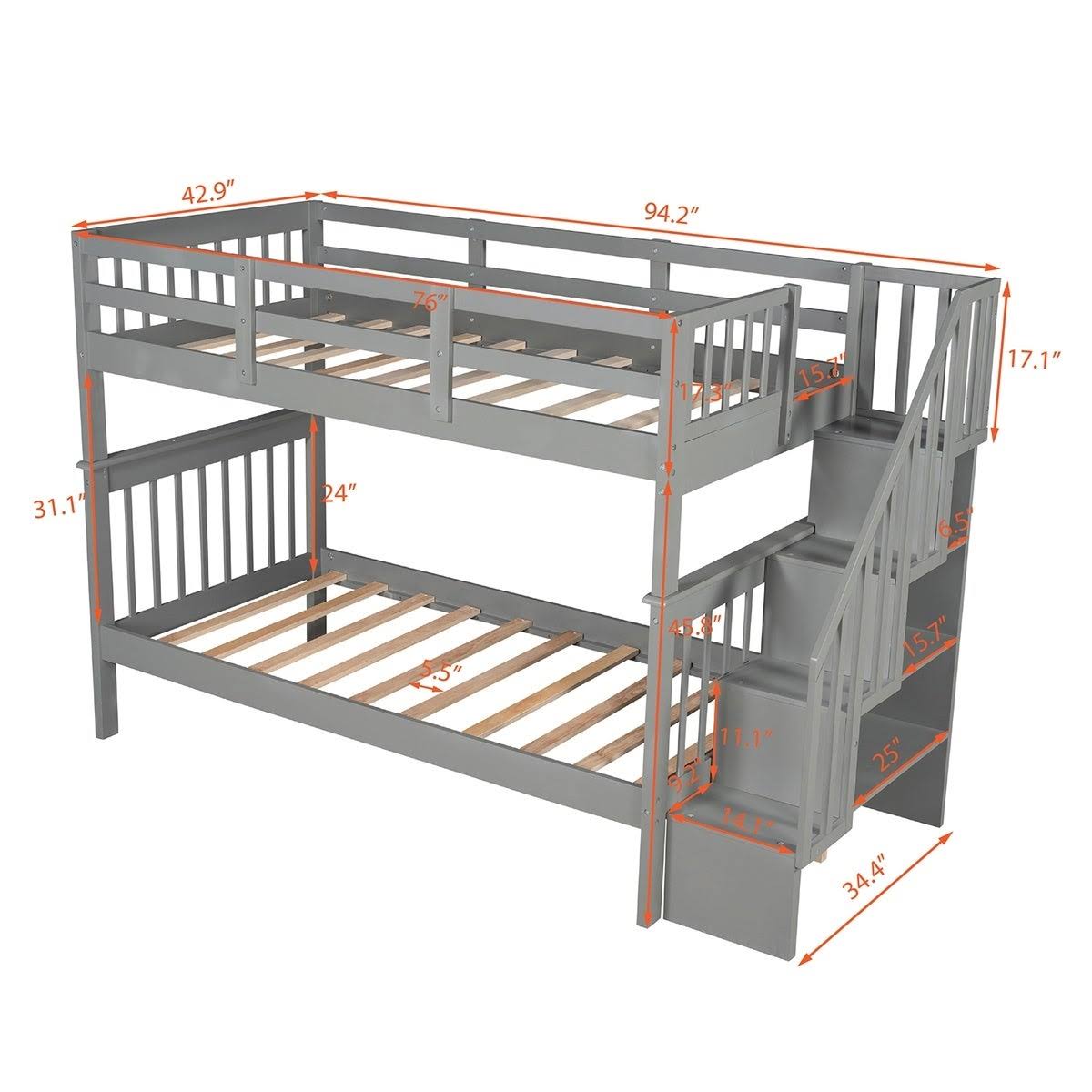 Twin-Over-Twin Bunk Bed with Stairway, Storage and Guard Rail - Grey X54911