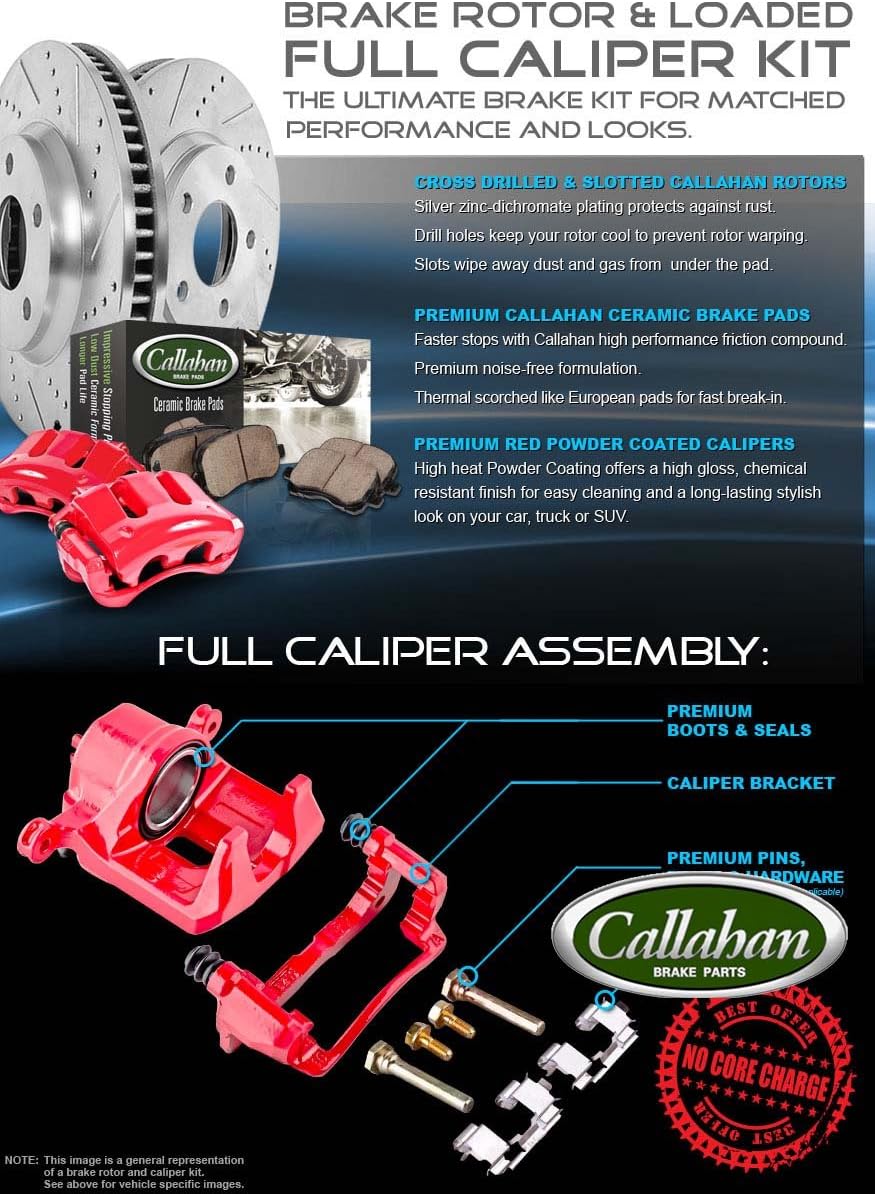 Powder Coated Red Calipers with Drilled Slotted Rotors and Ceramic Brake Pads L242637