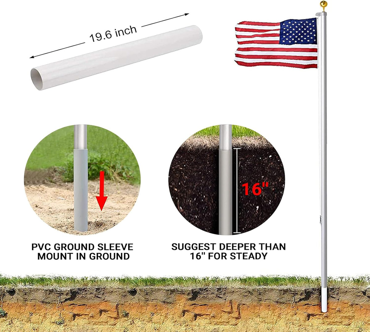 20FT Heavy Duty Aluminum Flag Pole Kit with 3x5 American Flag and Golden Ball N4995