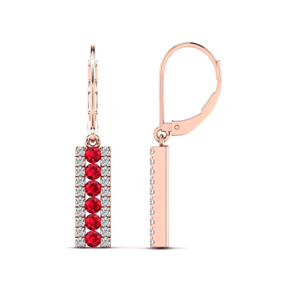 14K Rose Gold Diamond and Ruby Bar Drop Earrings B9811