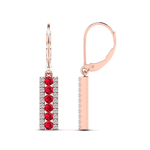 14K Rose Gold Diamond and Ruby Bar Drop Earrings B9811