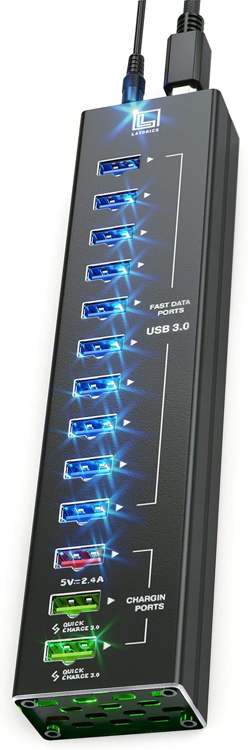 13 Multi-Port USB Hub with 10 USB 3.0 Ports, 2 IQ Quick Charge 3.0 Ports, Unibody Aluminum USB Hub, Pack of 2 X4616