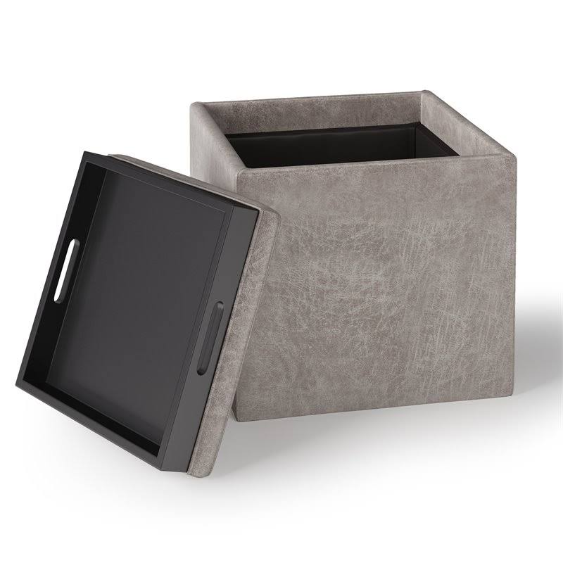 Distressed Grey Taupe Faux Leather Cube Storage Ottoman with Tray L6854