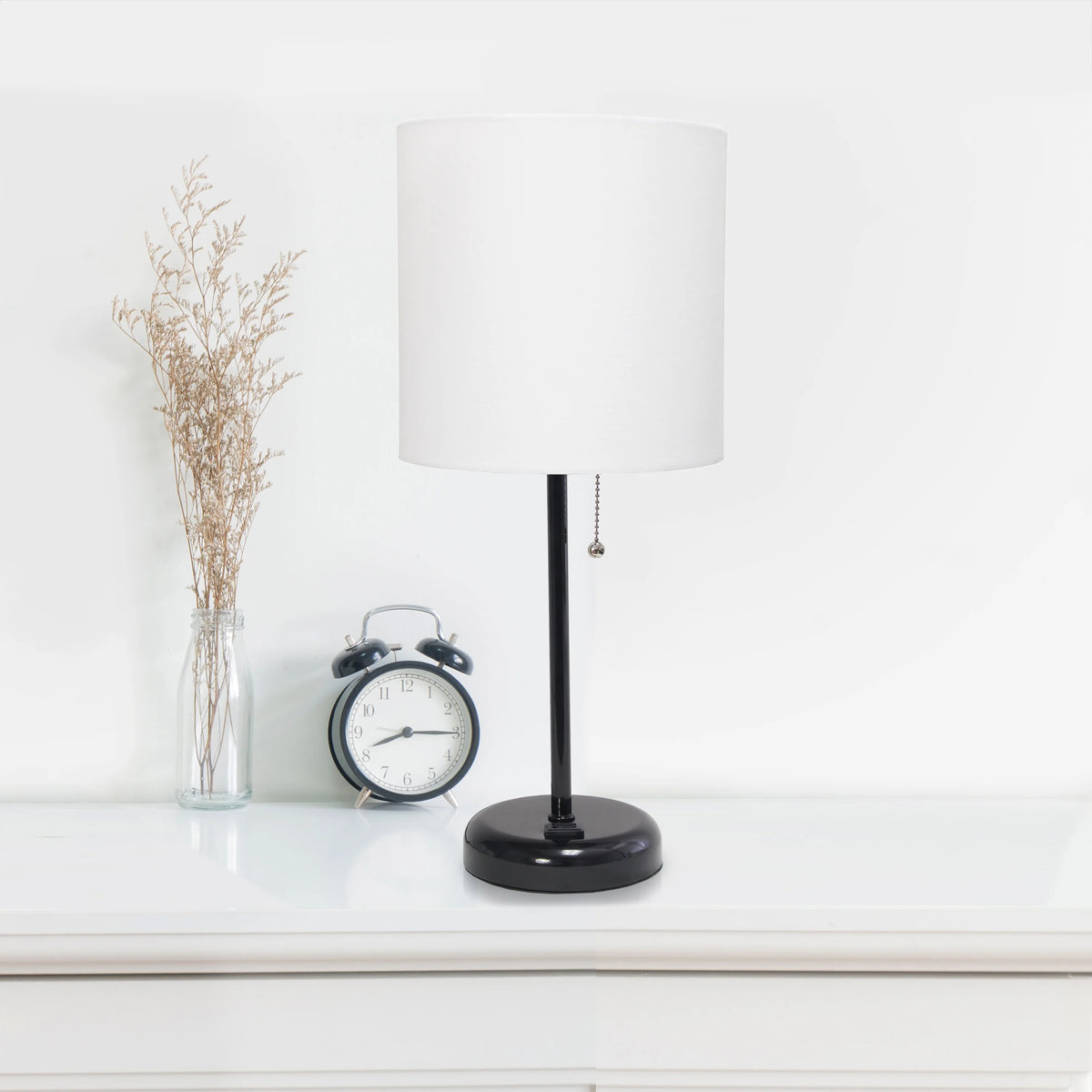 Black Stick Lamp with Outlet and Fabric Shade Two Pack Set T7132