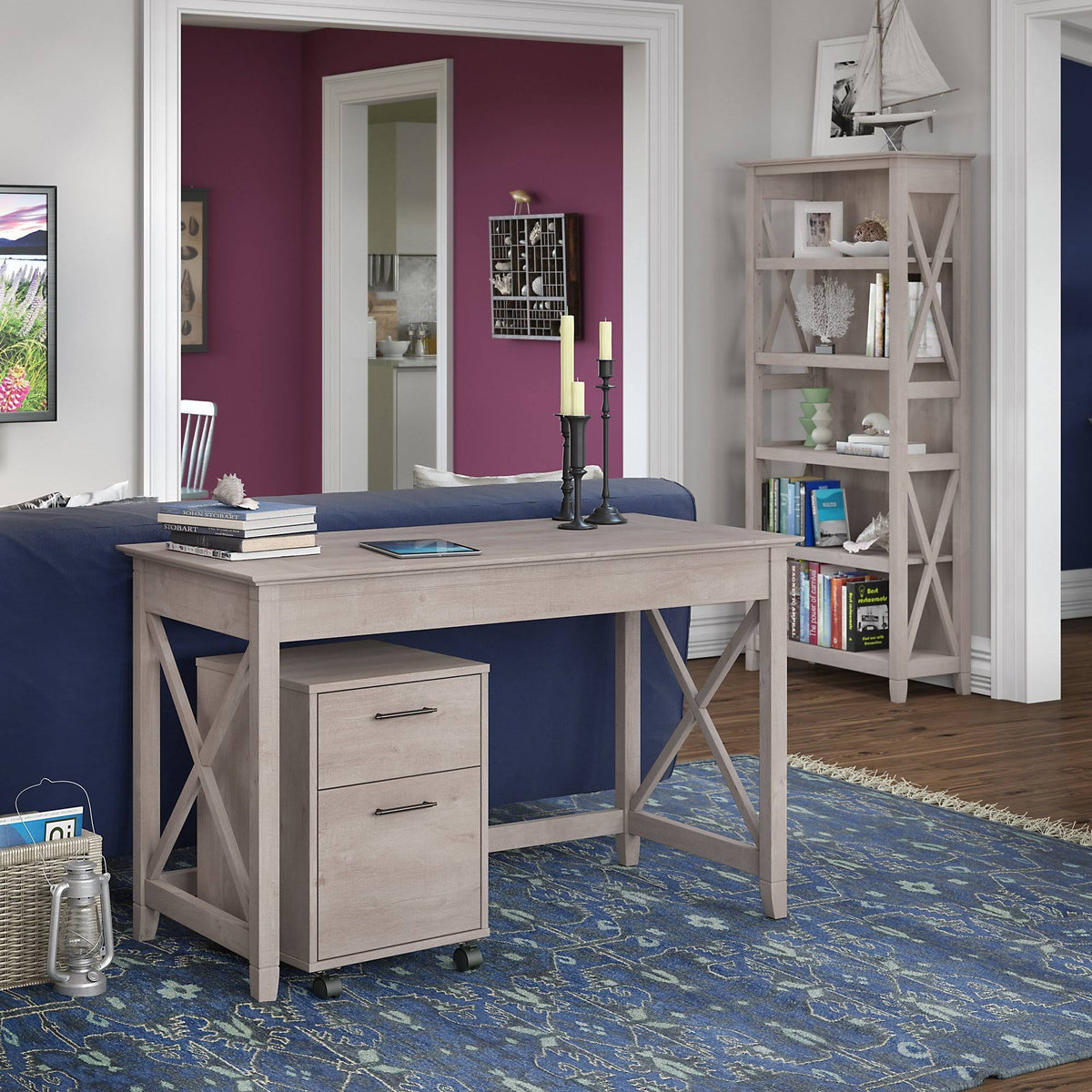 48W Writing Desk with 2 Drawer Mobile File Cabinet and 5 Shelf Bookcase in Washed Gray Z277043