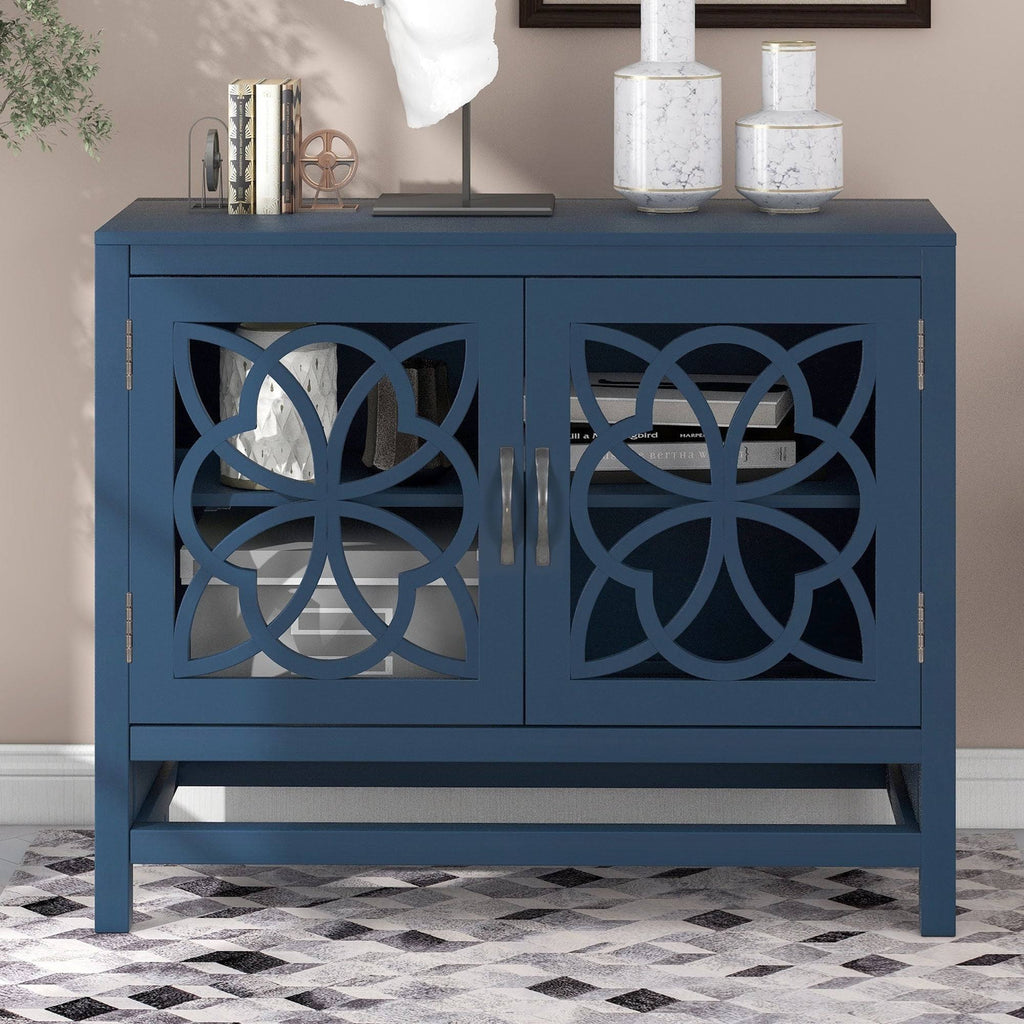 Brown Navy Blue Wood Accent Sideboard Storage Cabinet with Doors U6016