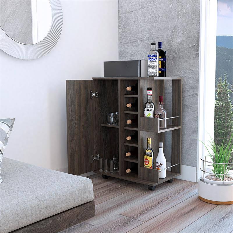 Espresso Bar Cart Cabinet with 6-Cubbies and 2-Shelves B698