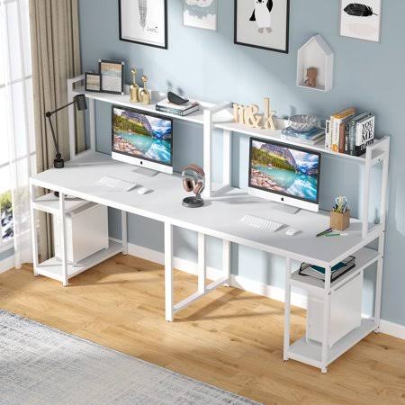 94.5 Inches Double Desk with Hutch and Storage Shelves I996221