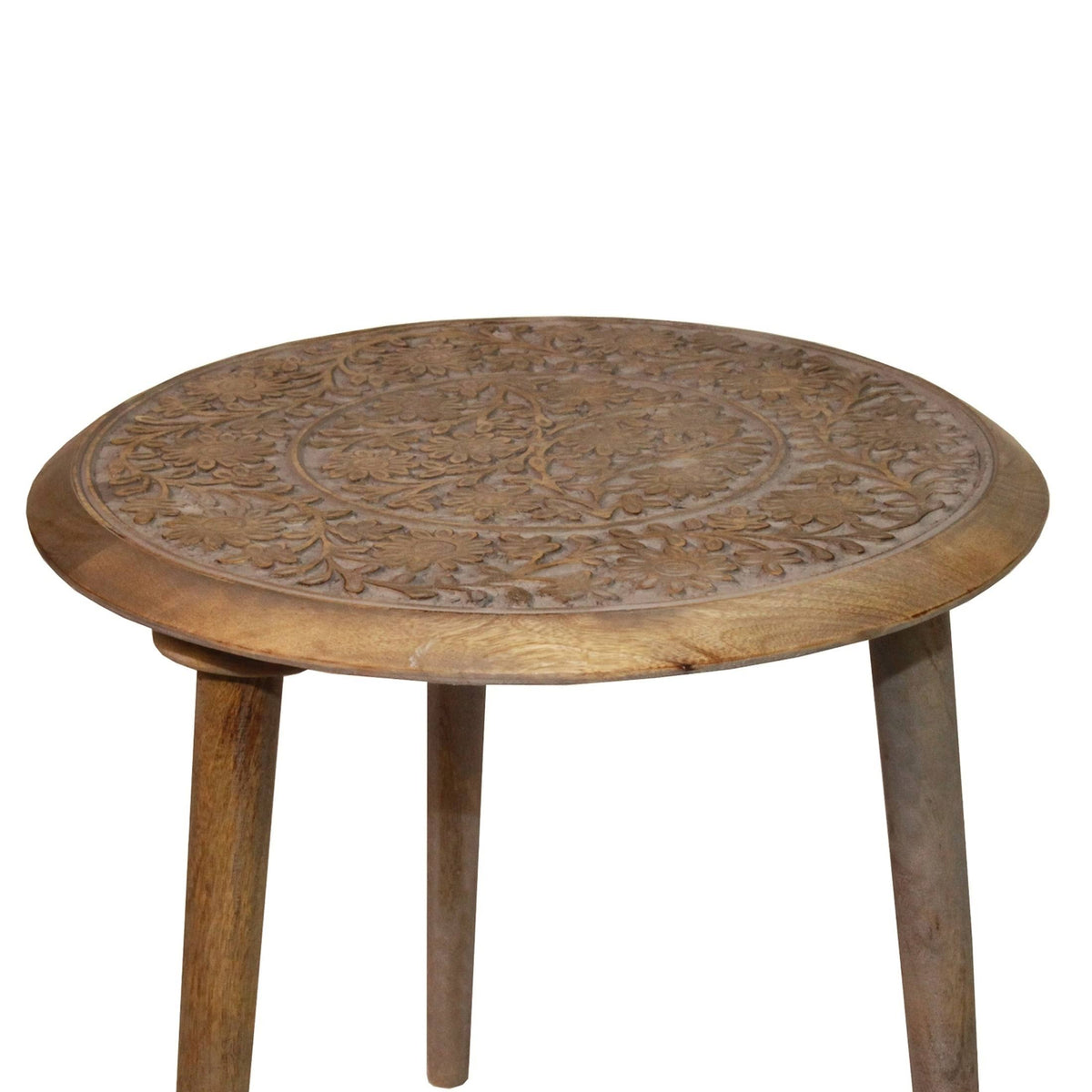 Brown Wooden Accent Table with Floral Engraving J71688