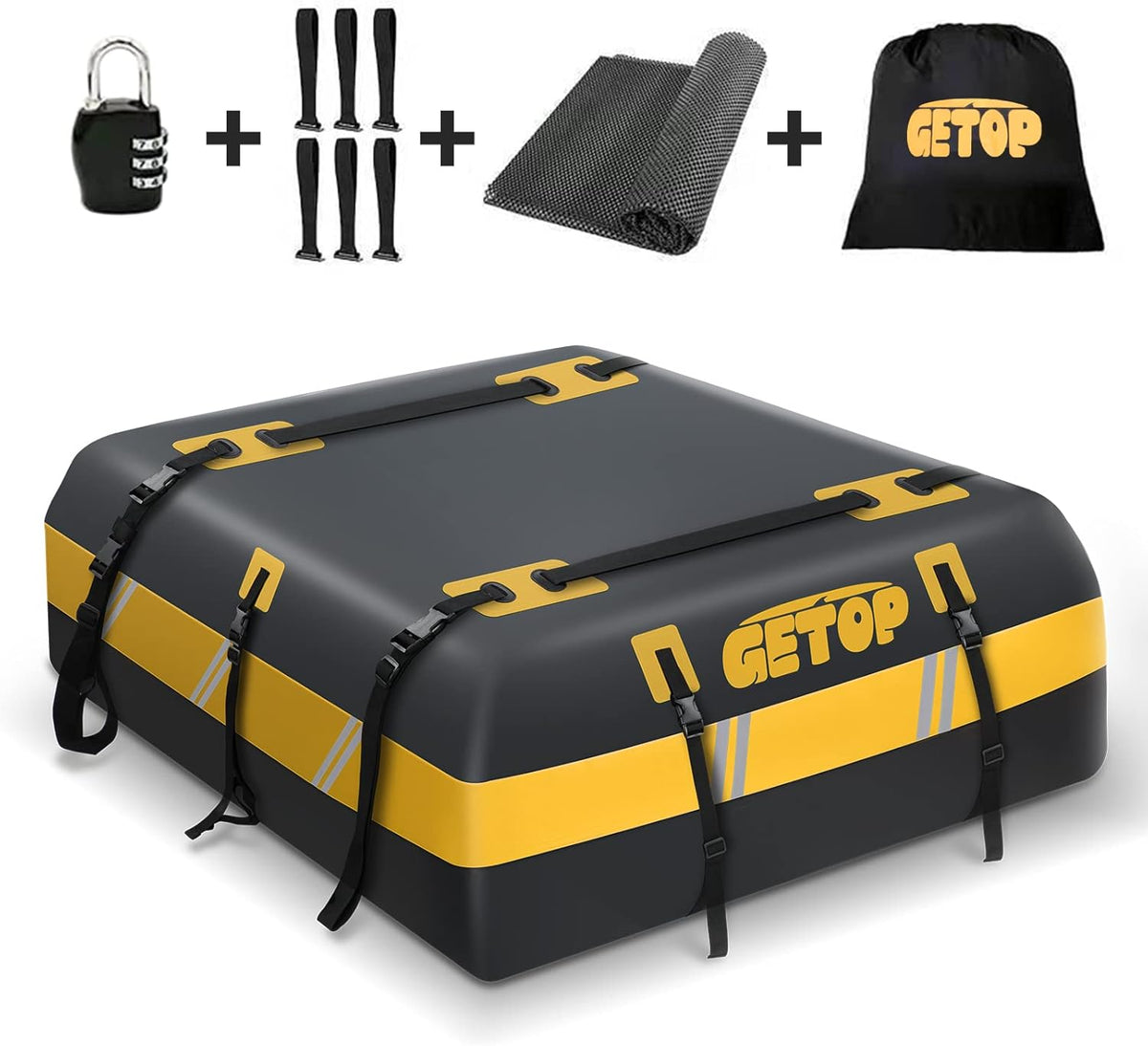 Rooftop Cargo Carrier Bag Waterproof 730D Car Roof Bag Heavy-Duty Soft-Shell with Non-Slip Mat, 6 Door Hooks, Lock, Storage Bag (Yellow) G177918