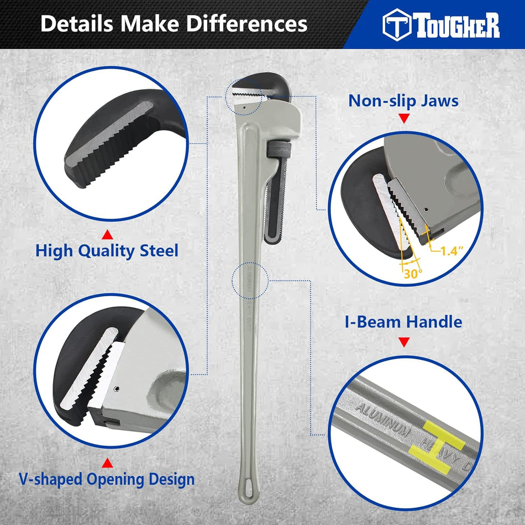 48-inch Aluminum Pipe Wrench, 8-inch Adjustable Jaw Capacity, Grey X78660