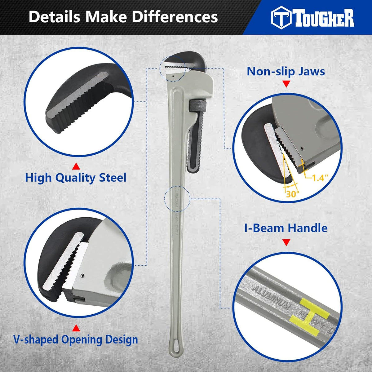 48-inch Aluminum Pipe Wrench, 8-inch Adjustable Jaw Capacity, Grey X78660