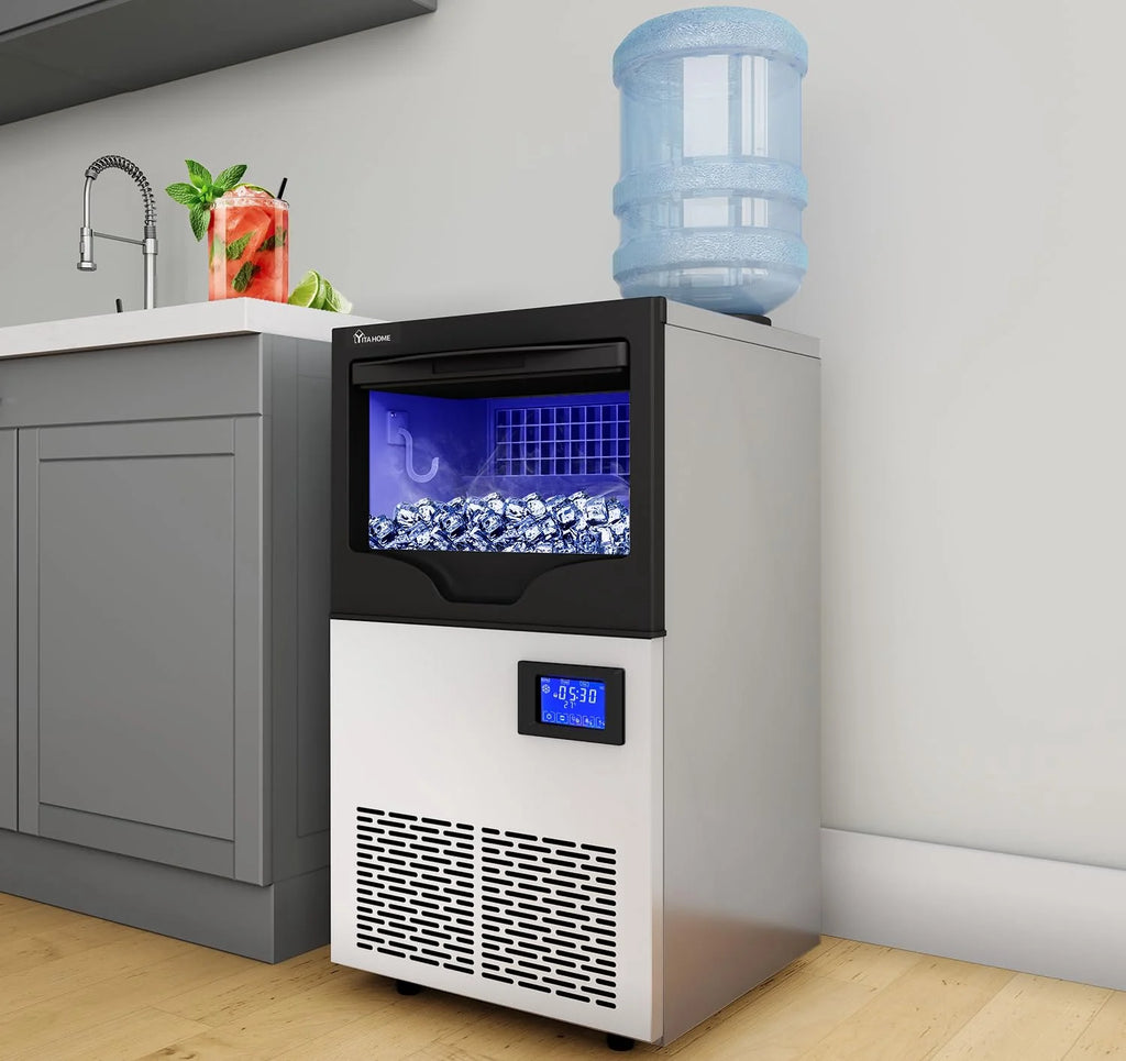 Commercial Ice Maker Machine 100lbs/24h with 33lbs Storage Bin, Stainless Steel Ice Scoop, Blue Light, Freestanding Ice Machine Water Bottle X1625